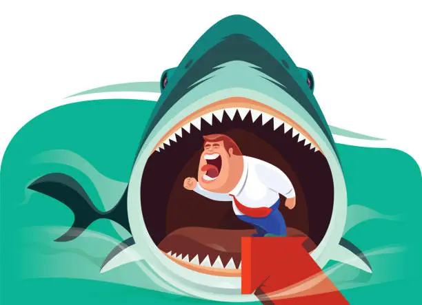 Vector illustration of big shark going to eat screaming man