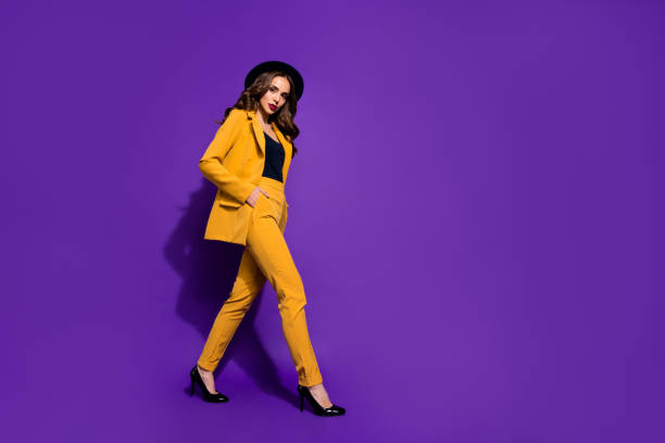 istock Profile side full length body size view of nice-looking gorgeous attractive lovely content wavy-haired lady motion strolling podium step isolated over bright vivid shine violet lilac background 1166376140