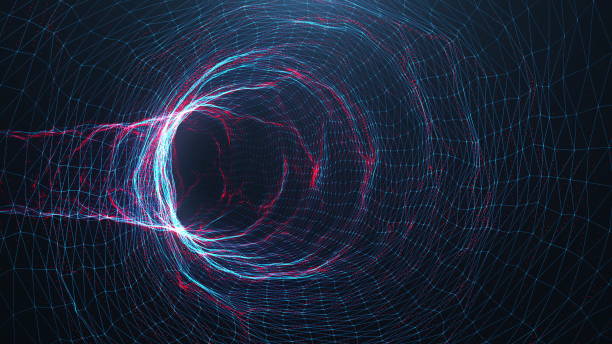 istock Abstract digital wormhole, tunnel consisting blue and red sparkling particle and lines. Way through the digital network beautiful blue and red particles. Journey through space and time. 3D Rendering 1166376522