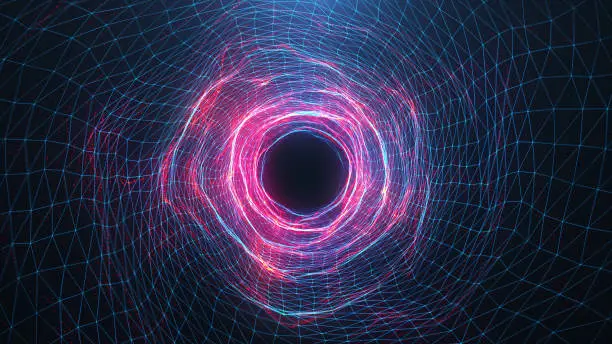 Photo of Abstract digital wormhole, tunnel consisting blue and red sparkling particle and lines. Way through the digital network beautiful blue and red particles. Journey through space and time. 3D Rendering