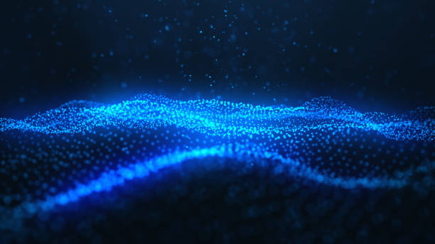 Abstract background of shining particles. Digital signature with wave particles, sparkle. Beautiful blue floating particles with shine light rise up. 3D Rendering