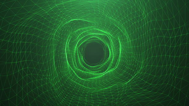 抽象的なデジタルワームホール、緑の輝く粒子とラインからなるトンネル。デジタルネットワークを通る方法美しい青い粒子。空間と時間を旅する。3d レンダリング - hall way ストックフォトと画像
