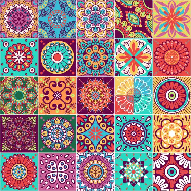Vector tiles pattern. Vector tiles pattern. Abstract mandala tiling background. Colorful ceramic tiles. Traditional ornate decorative tiles. tile patterns stock illustrations