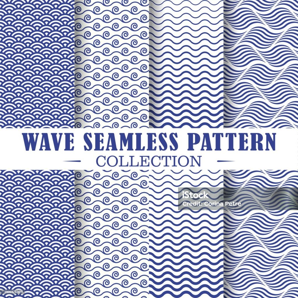 Set of wave and nautical patterns. Seamless set of wave and nautical patterns. Vector shapes design illustration. Patterns for stationery, package design, background,wallpaper, textile, web texture. Scrap booking paper. Pattern stock vector