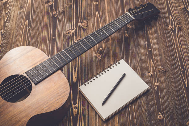 istock New brown guitar on wooden board 1166377400