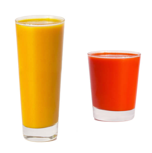 Full glasses of orange with tomato juice on white