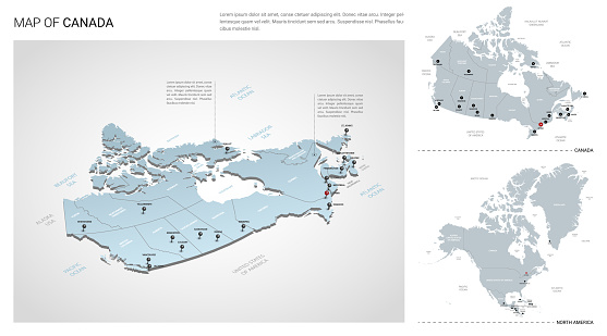 Vector set of Canada country.  Isometric 3d map, Canada map, North America map - with region, state names and city names.