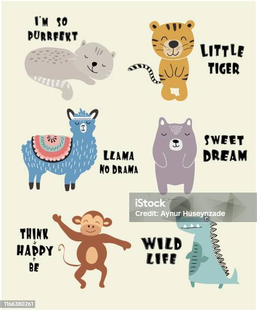 Cute Animal Set Print Childish Vector Illustration For Kids T Shirtclothes  Stock Illustration - Download Image Now - iStock