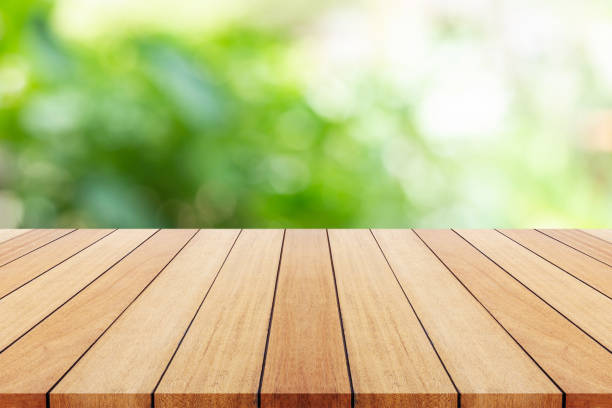 istock Empty dish on wooden table with green blur light background. For photo montage 1166380410