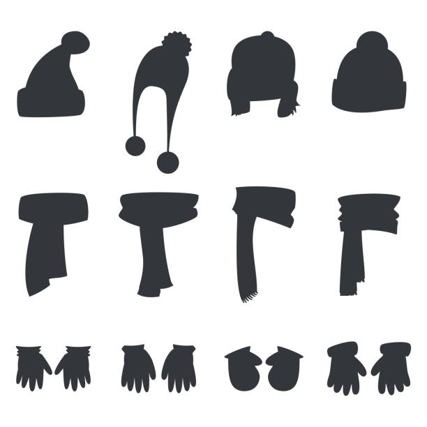 Winter scarf, hats, gloves and mittens black silhouettes vector set isolated on a white background. Scarf, hats, gloves, mittens vector flat icons set. black shawl wrap stock illustrations