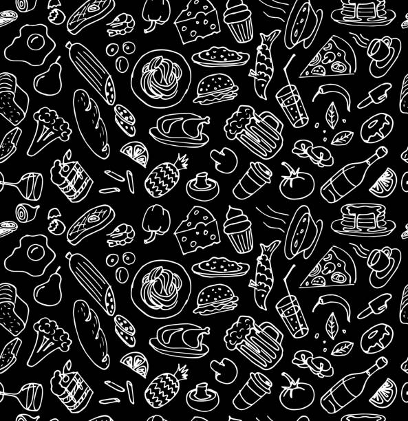 illustrations, cliparts, dessins animés et icônes de divers plats de cuisine de nourriture dessinés à la main griffonnent le modèle blanc de croquis de craie blanc sur le fond noir. illustration d'art de dessin de dessin de vecteur - sandwich sketch cartoon line art