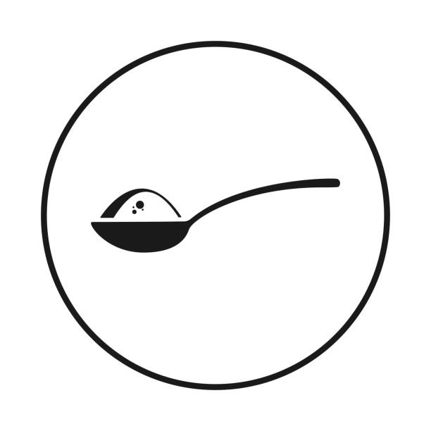 ложка с сахаром, солью, мукой или другим ингредиентом значок на белом фоне, в черном кругу - sugar spoon salt teaspoon stock illustrations