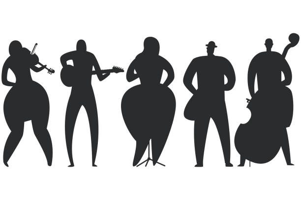 muzyków jazzowych, wokalista, gitarzysta, saksofonista, kontrabasista i skrzypek czarna sylwetka wektor zestaw izolowane na białym tle. - silhouette singer singing group of objects stock illustrations