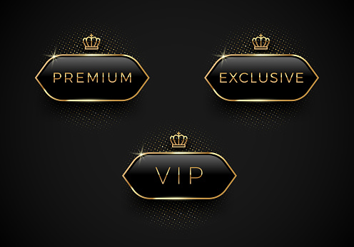 Vip, Premium and Exclusive black glass labels with golden crown and frame on a black background. Premium design. Luxury template design. Vector illustration.