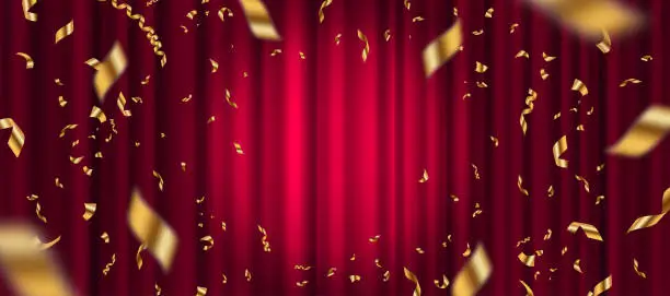 Vector illustration of Spotlight on red curtain background and falling golden confetti. Vector illustration.