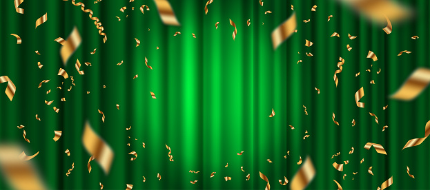 Spotlight on green curtain background and falling golden confetti. Vector illustration.
