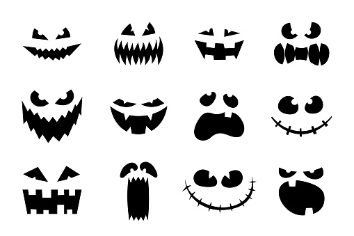 Halloween monster jack lantern pumpkin carved glowing scary face set on white background. Holiday cartoon character collection for celebration design. Vector cartoon spooky illustration