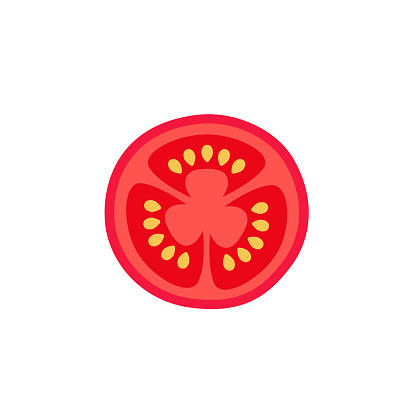 Slice of ripe tomato with seeds in flat style. Vector illustration isolated on white background