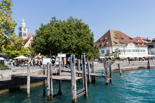 Überlingen, Baden-Württemberg, Germany - August 16, 2018: The Harbour of the city is a hotspot for tourists visiting the Bodensee