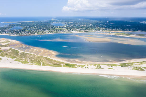 aerial view of beach and town of chatham on cape cod - nauset beach imagens e fotografias de stock