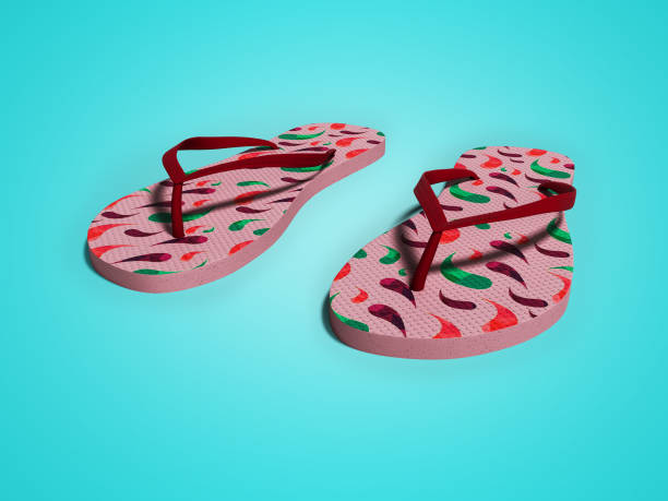 istock Pink slippers with color pattern for the beach 3d render on blue background with shadow 1166396266