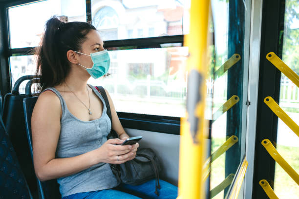 istock Woman with mask in bus 1166396617