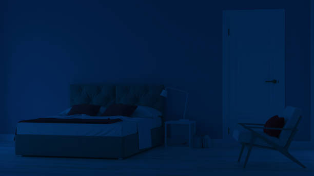 istock Modern house interior. Bedroom in blue tonnes. Night. Evening lighting. 3D rendering. 1166396701