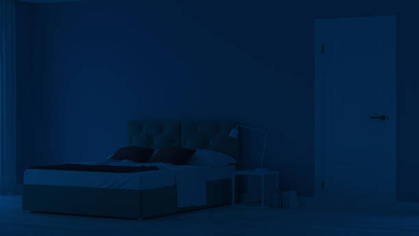 istock Modern house interior. Bedroom in blue tonnes. Night. Evening lighting. 3D rendering. 1166396730