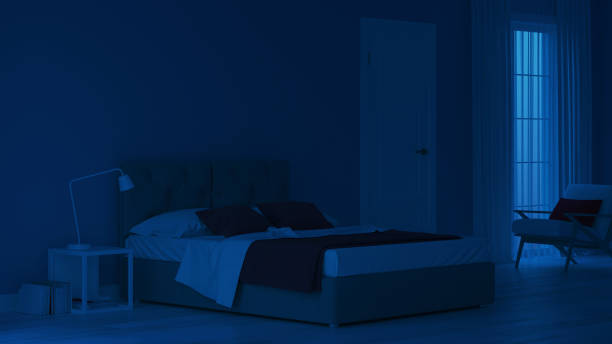 istock Modern house interior. Bedroom in blue tonnes. Night. Evening lighting. 3D rendering. 1166396749