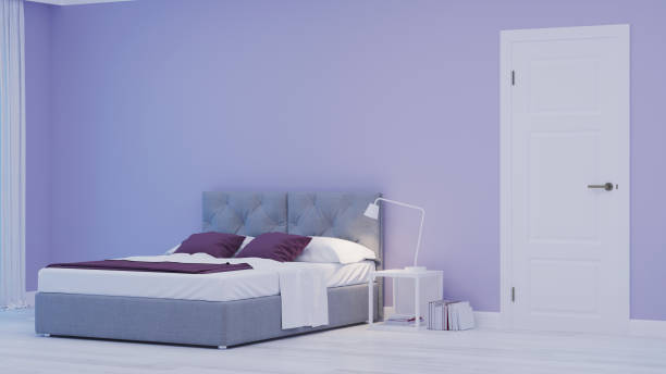 istock Modern house interior. Bedroom in blue tonnes. Night. Evening lighting. 3D rendering. 1166396780