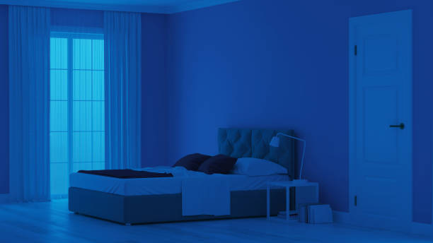 istock Modern house interior. Bedroom in blue tonnes. Night. Evening lighting. 3D rendering. 1166396781