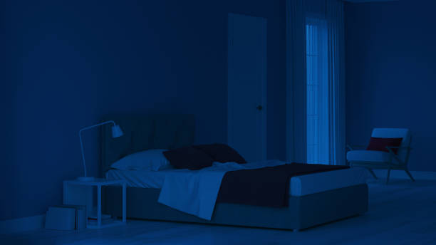 istock Modern house interior. Bedroom in blue tonnes. Night. Evening lighting. 3D rendering. 1166396789