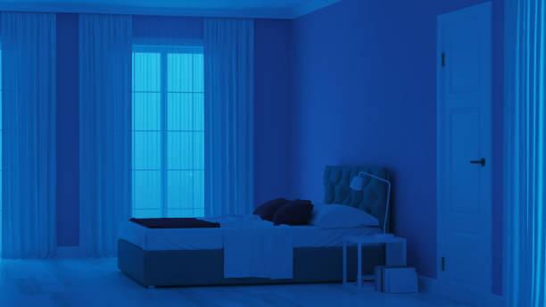 istock Modern house interior. Bedroom in blue tonnes. Night. Evening lighting. 3D rendering. 1166396794