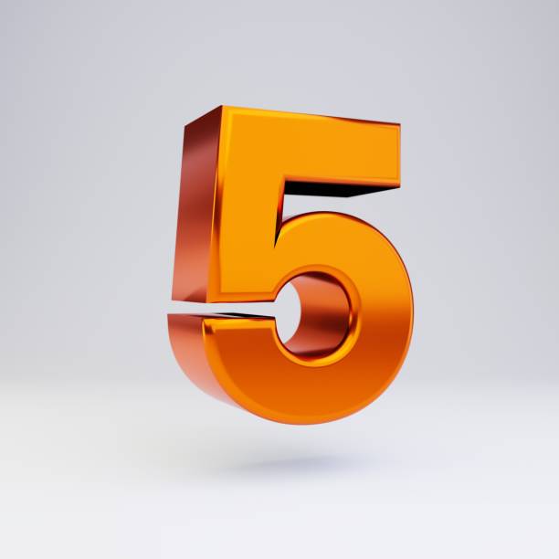 istock 3d number 5. Hot orange metallic font with glossy reflections and shadow isolated on white background. 1166397932