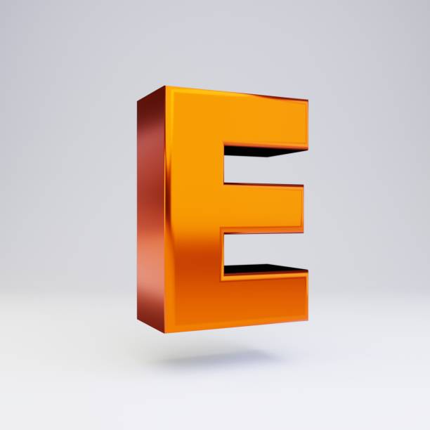 istock 3d letter E uppercase. Hot orange metallic font with glossy reflections and shadow isolated on white background. 1166398077