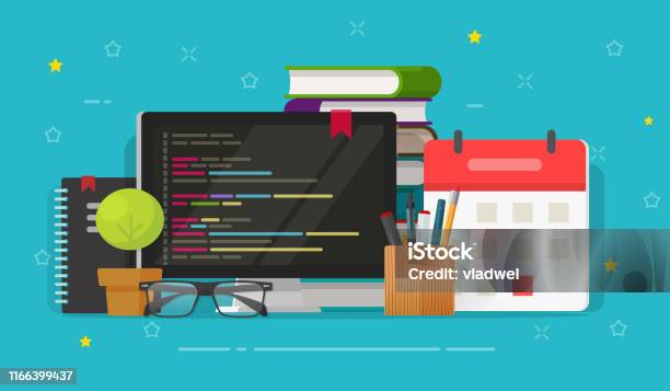Programmer Desktop And Computer Screen And Code Vector Illustration ...