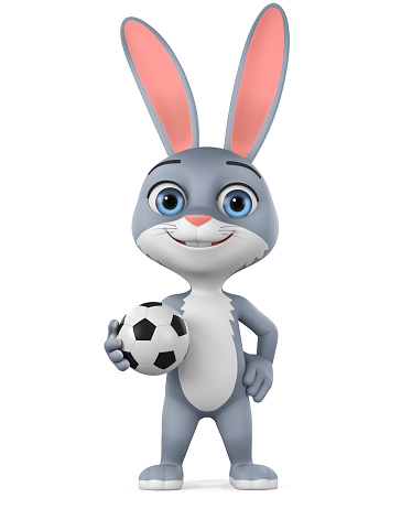 Cartoon character gray rabbit by a soccer ball on a white background. Rendering. Illustration for advertising.
