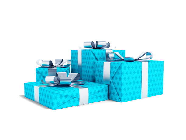 istock Modern four blue gifts tied on bow 3d render on white background with shadow 1166404079
