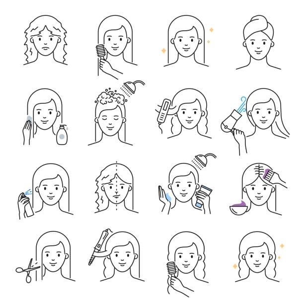 illustrations, cliparts, dessins animés et icônes de procédures de cheveux et modèle de contour d'illustration de vecteur de traitement - shower silhouette women people