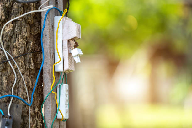 istock Dangerous electric cable and equipment set up on the tree 1166407012