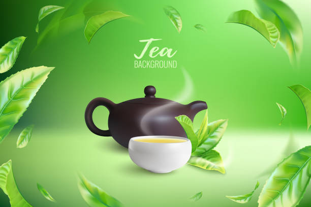 粘土ティーポットとカップで緑または紅茶の広告ポスター。緑茶葉 - tea chinese tea heat teapot点のイラスト素材／クリップアート素材／マンガ素材／アイコン素材