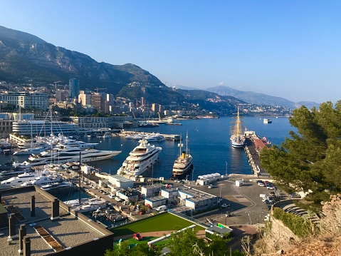 Monte Carlo, Monaco - July 12 2019: port harbour marina yachts boats casino architecture beach travel seaside summer holiday