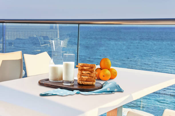 istock Table for two served with a breakfast on outdoor hotel balcony with a sea view 1166412841