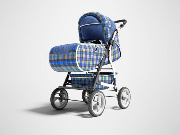 istock Blue stroller with jeans inserts for baby 3d render on gray background with shadow 1166412913