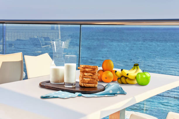 istock Table for two served with a breakfast on outdoor hotel balcony with a sea view 1166413112