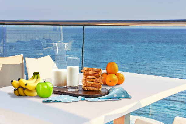 istock Table for two served with a breakfast on outdoor hotel balcony with a sea view 1166413458