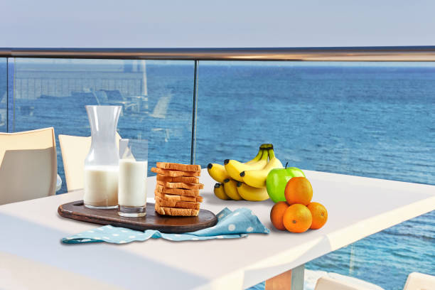 istock Table for two served with a breakfast on outdoor hotel balcony with a sea view 1166413620