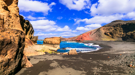 scenic Lanzarote island with impressive black beaches