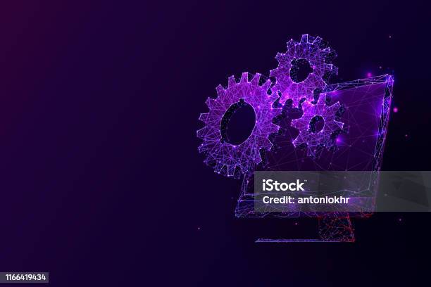 Desktop Computer And Cogs Low Poly Vector Illustration Stock ...