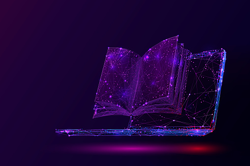 Laptop and book low poly vector illustration. 3d open textbook. Polygonal notebook display mesh art with connected dots. Modern information source, online library. Learning, self-education concept